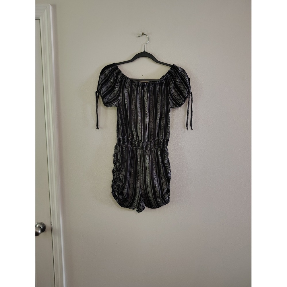 Derek Heart  Black White Striped Off Shoulder Smocked Waist Romper Size M